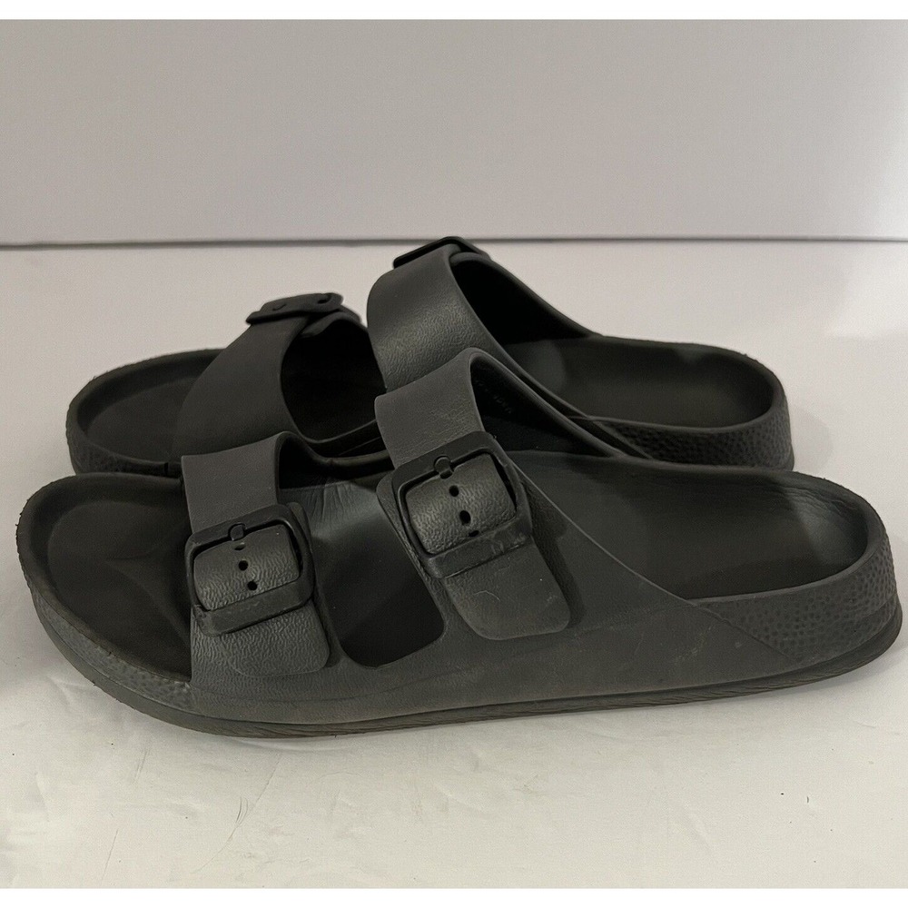 Double Buckle Black Rubber Sandals Slips-On Slides Size 40